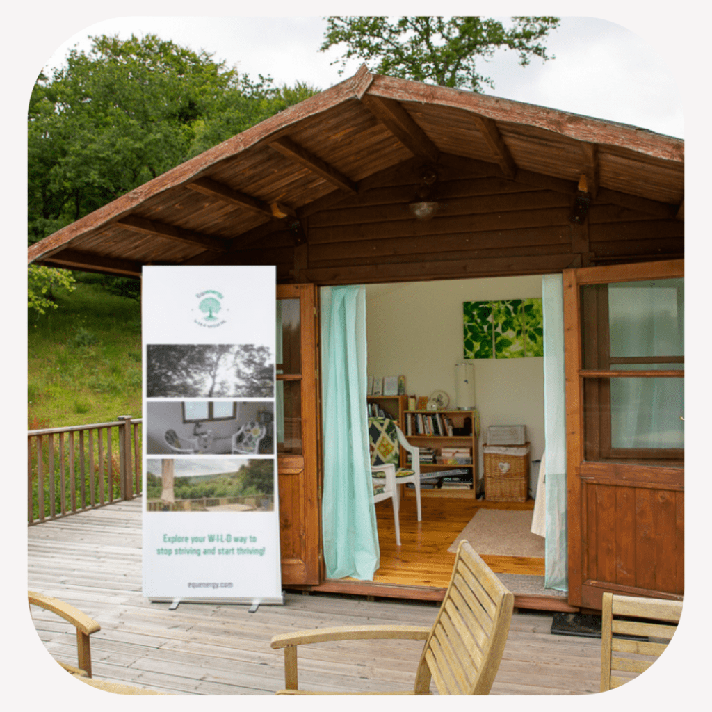 The healing space at Equenergy: W·I·L·D Wellbeing - a wood cabin surrounded by decking and set in beautiful Welsh countryside.  There is seating both inside and outside the cabin for sessions to be held either indoors or outdoors. 